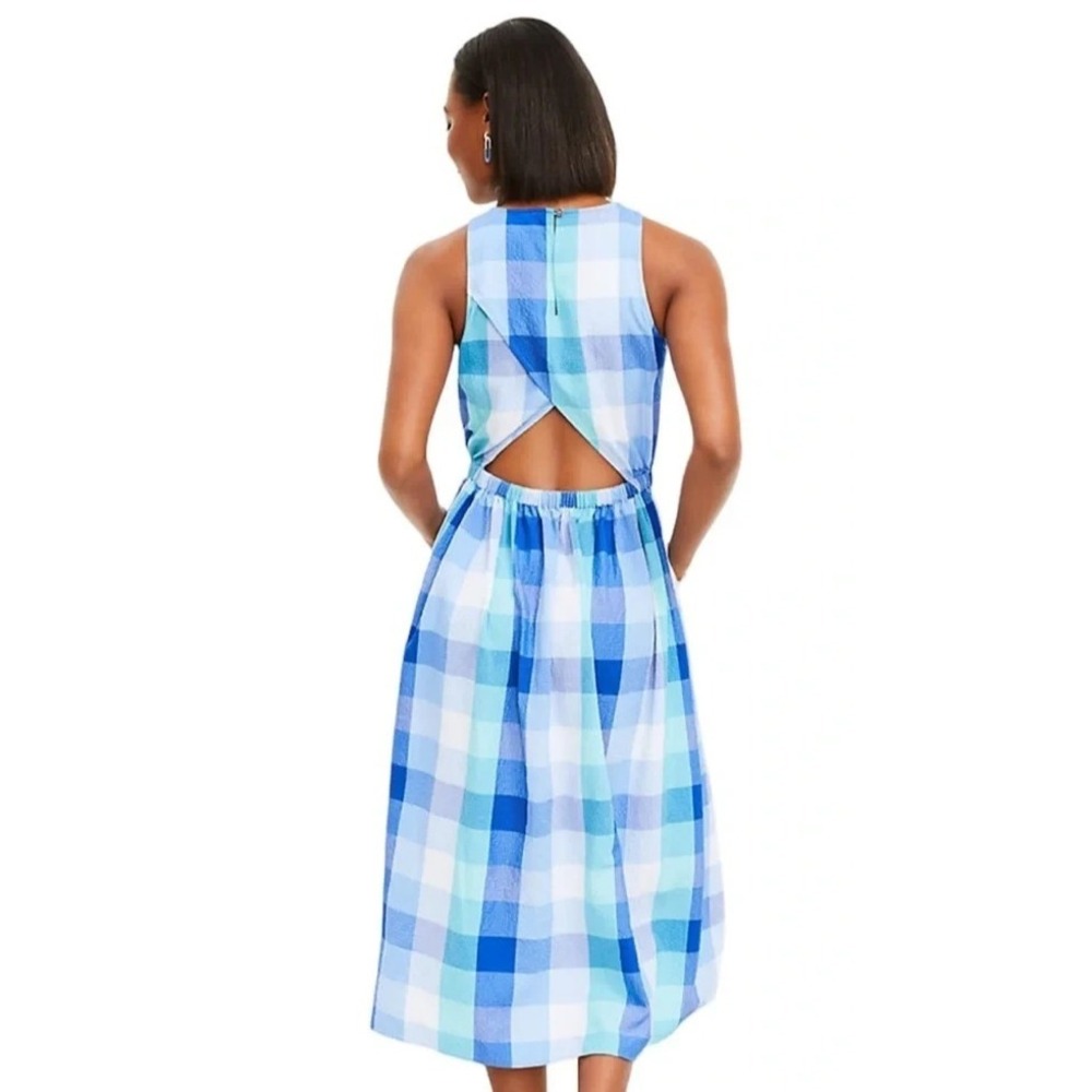 NWT LOFT Seersucker Blue Plaid Cutout Back Dress Midi Pocket Small Brunch Picnic - Picture 12 of 16